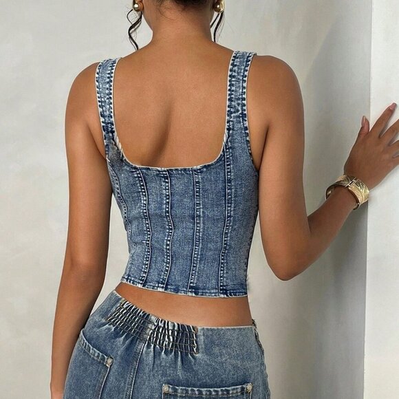 Blue Sexy Women's Sleeveless Denim Casual Top With Backless Design - Picture 2 of 5